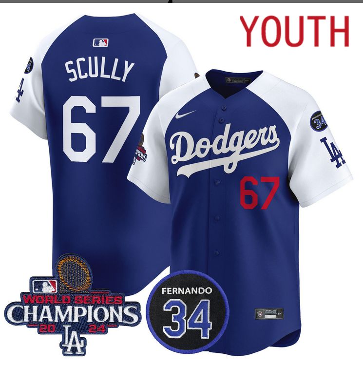Youth  MLB Los Angeles Dodgers #67 Scully blue 2024 World Series Champions Patch Limited Jersey->youth mlb jersey->Youth Jersey